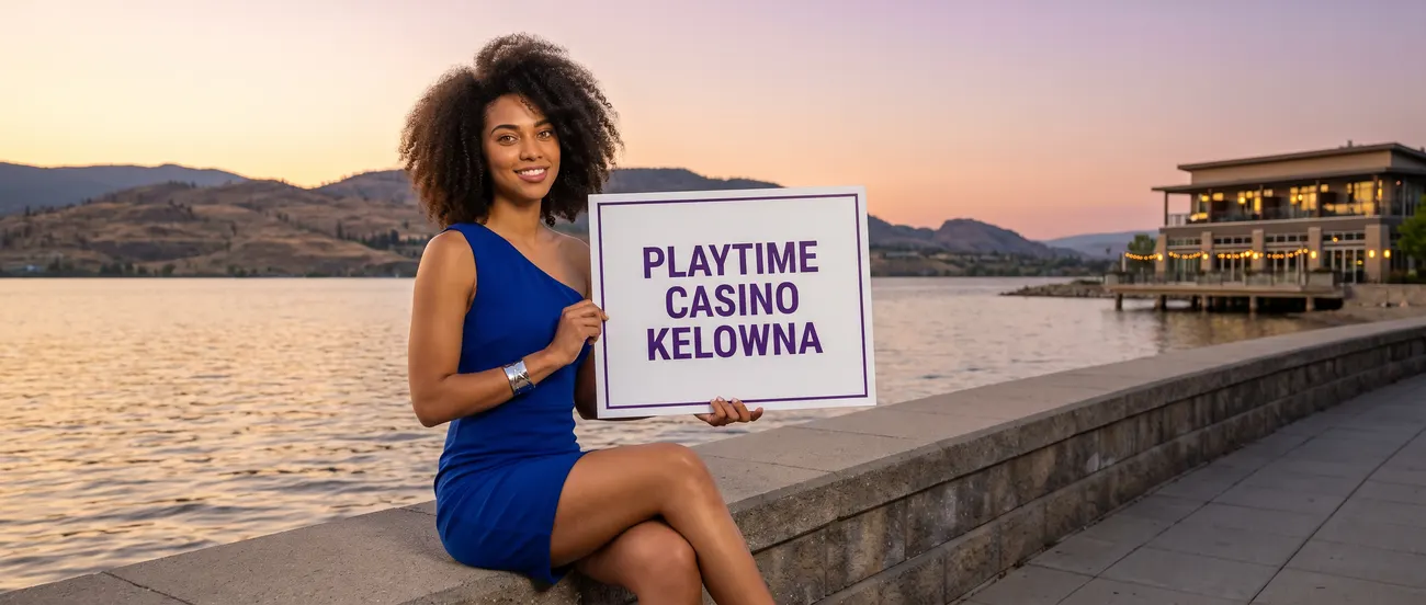 Character created for this guide: a young woman in a royal-blue dress sitting on a lakeside wall at sunset, holding a sign that reads Playtime Casino Kelowna